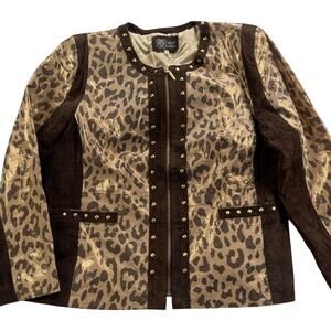 Sharif 1827 Couture Jacket Womens 2X Brown Tan Leopard Print‎ Suede Leather